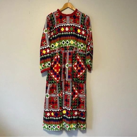 Hand stitched patchwork pattern tribal printed tiered maxi dress size L - Picture 6 of 7